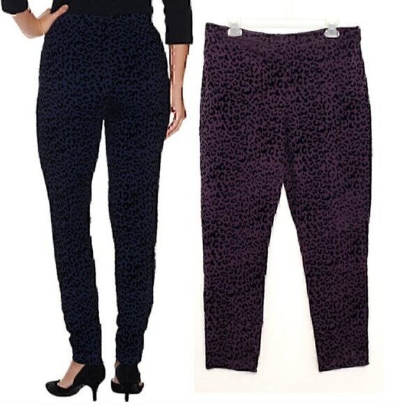SUSAN GRAVER Weekend Flocked Cotton Spandex Leggings Purple Leopard Cheetah M - Picture 1 of 12